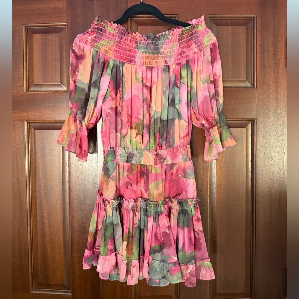 MISA Los Angelos Pink Floral Off-Shoulder Ruffle Dress